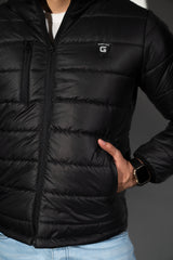 Black Full Sleeve Removable Hood Puffer Jacket