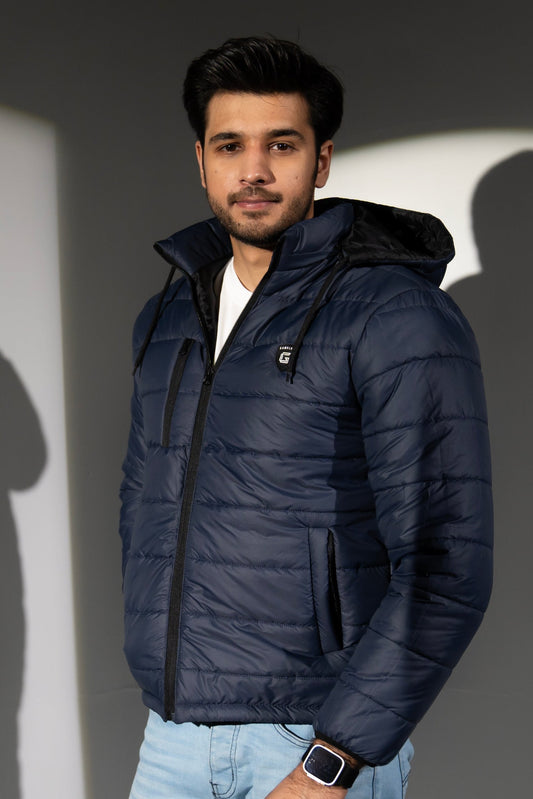 Navy Full Sleeve Removable Hood Puffer Jacket