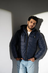 Navy Full Sleeve Removable Hood Puffer Jacket