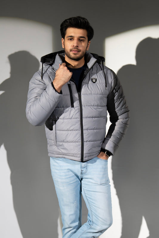 Grey Full Sleeve Removable Hood Puffer Jacket