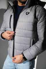 Grey Full Sleeve Removable Hood Puffer Jacket