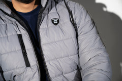 Grey Full Sleeve Removable Hood Puffer Jacket