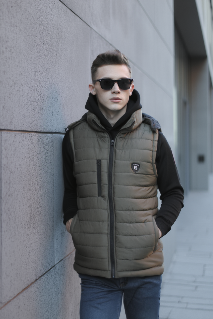 Olive Sleeveless Removable Hood Puffer Jacket