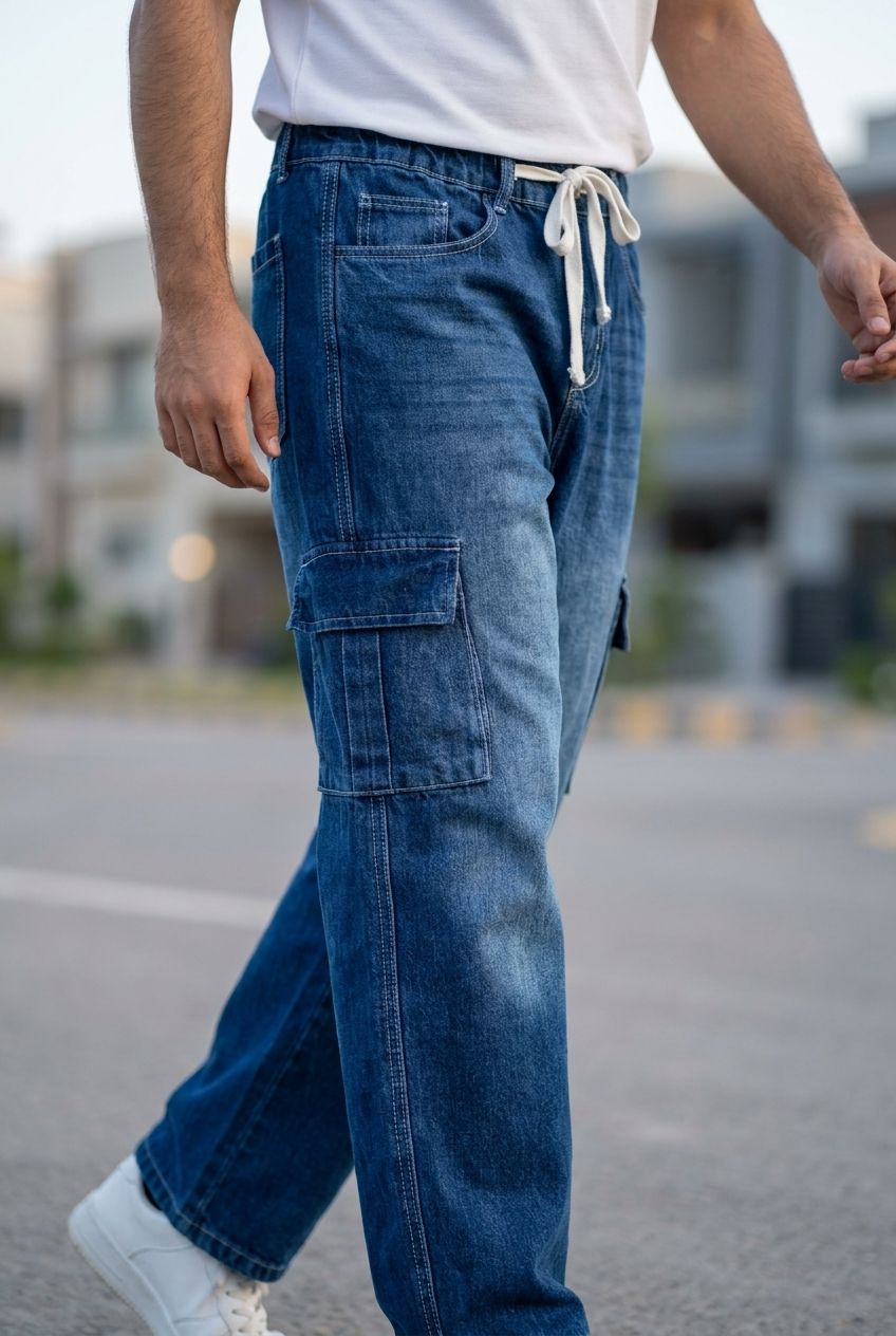 Gambluss Draw String Baggy Denim Cargo Pants – dark blue