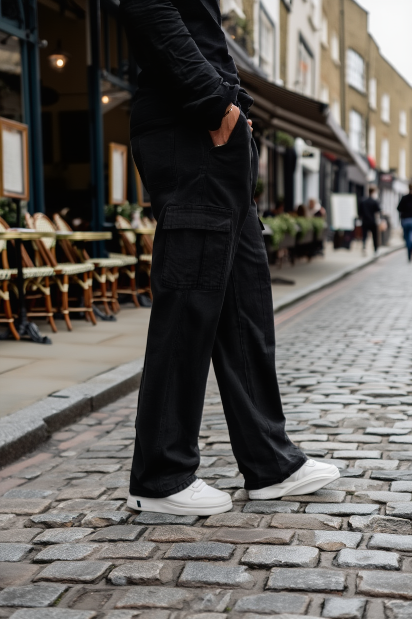 Gambluss Essential Relaxed-Fit Denim cargo Pant- Jet Black-CP