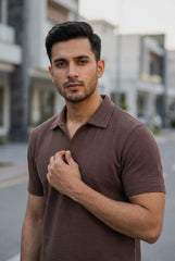 Gambluss Knitted Cotton Textured Polo Shirt - Brown