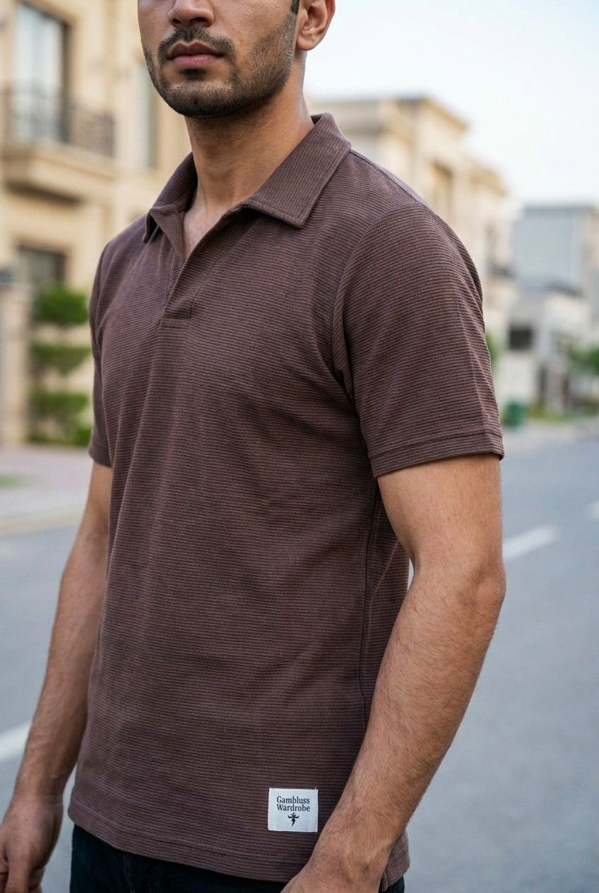 Gambluss Knitted Cotton Textured Polo Shirt - Brown