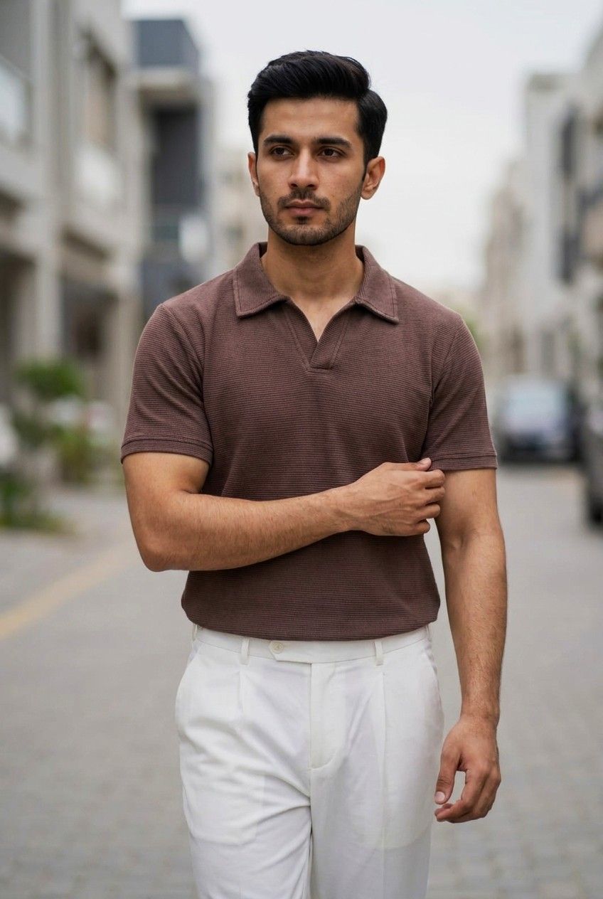 Gambluss Knitted Cotton Textured Polo Shirt - Brown