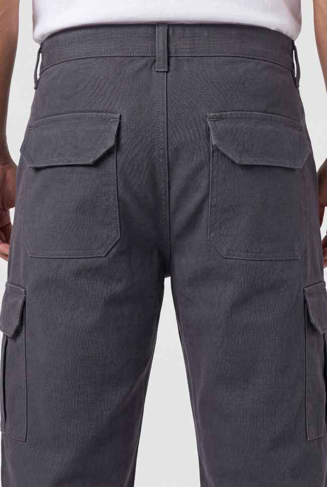Dark gray cargo pants on a plain background