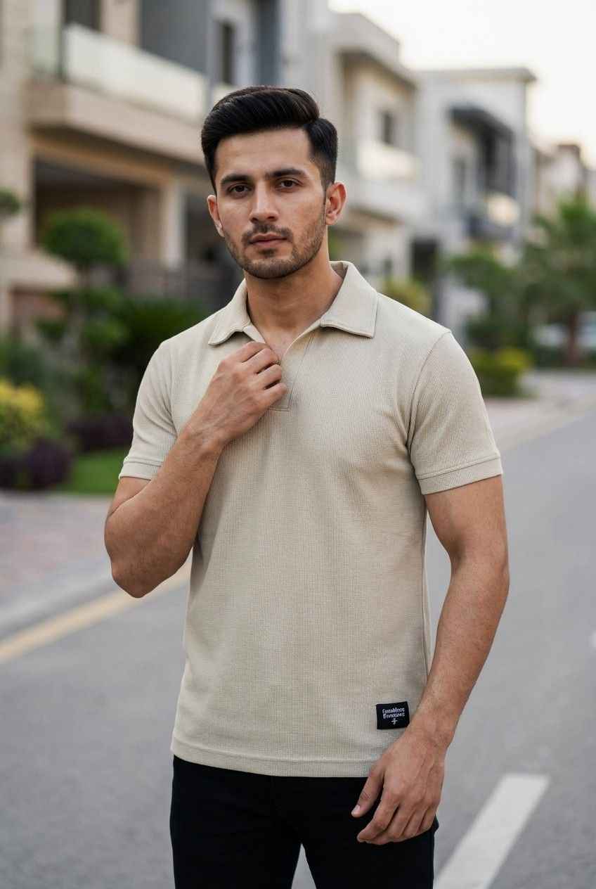 Gambluss Knitted Cotton Textured Polo Shirt - Beige