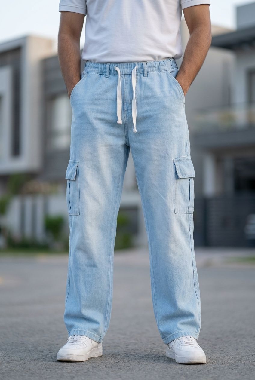 Gambluss Draw String Baggy Denim Cargo Pants – Iced Blue