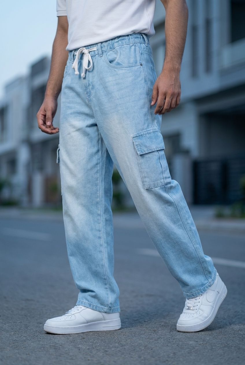 Gambluss Draw String Baggy Denim Cargo Pants – Iced Blue