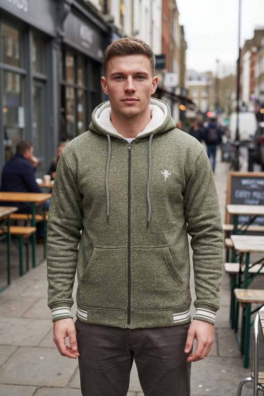 Gambluss Olive Winter Hoodie – Chain Yarn Fleece 350 GSM with Fur Inner