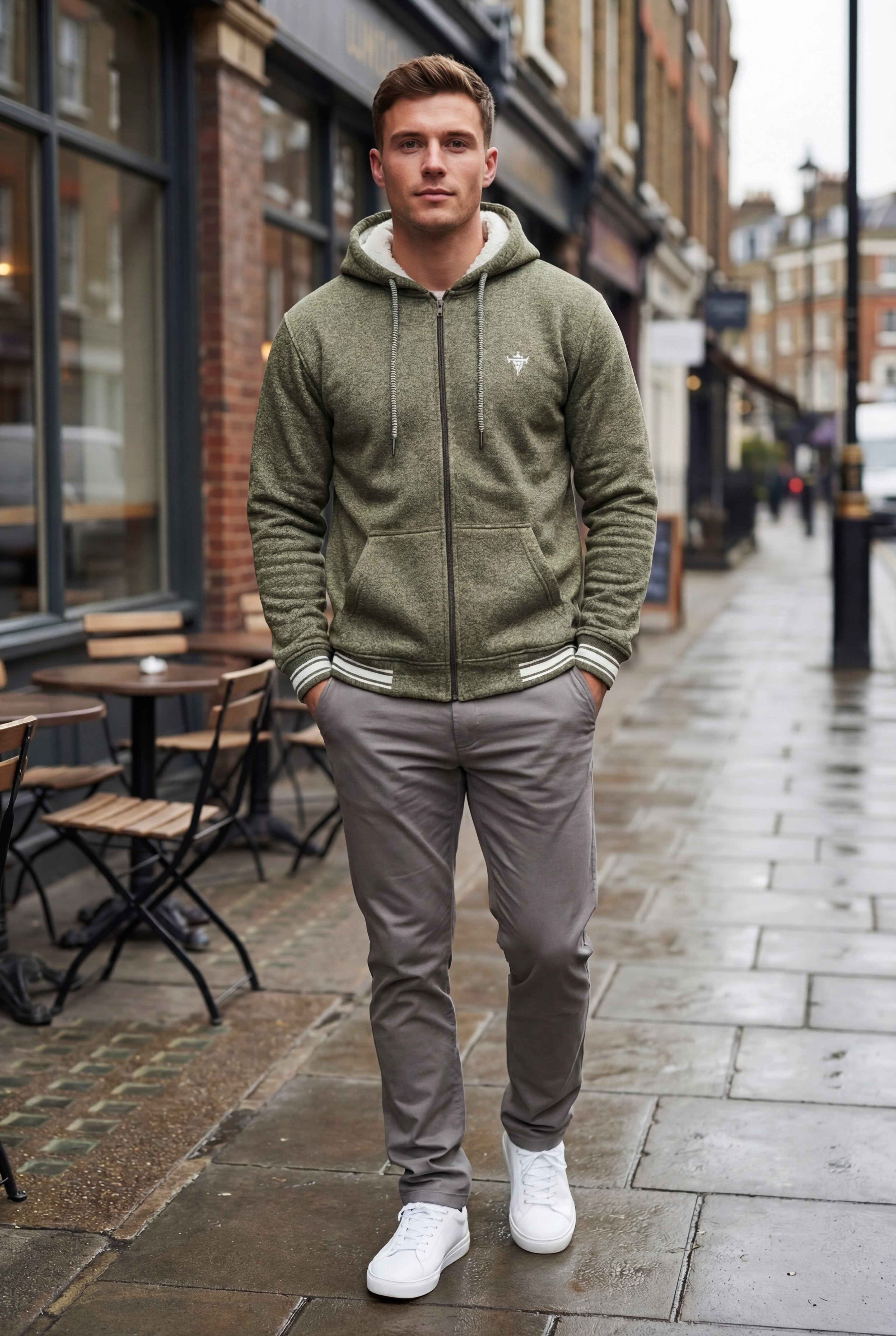 Gambluss Olive Winter Hoodie – Chain Yarn Fleece 350 GSM with Fur Inner